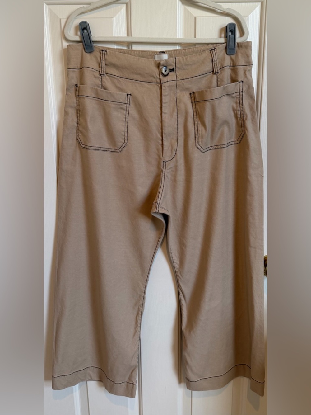 Maeve Colette Wide Leg Linen Blend Cropped Pants Contrast Stitching Tan Size 34 - Picture 2 of 5